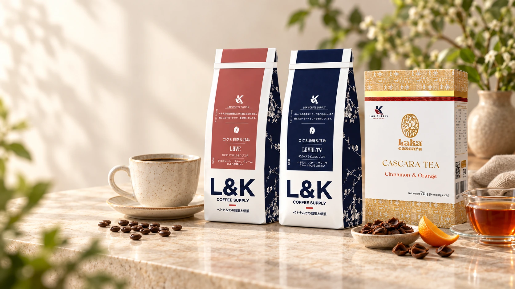 L&Kのコーヒーとカスカラ商品を並べたイメージ