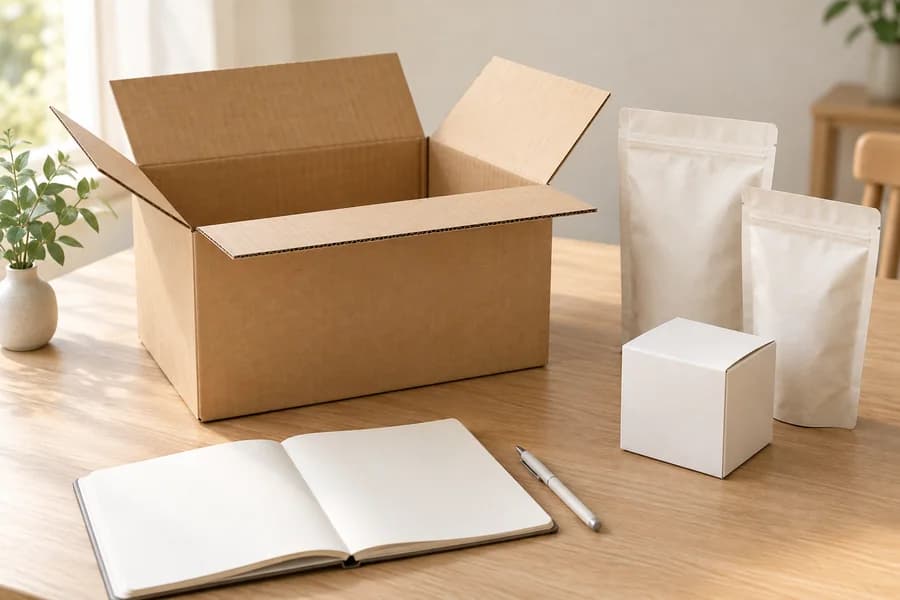 無地の外箱と包装を並べた荷姿の検討イメージ