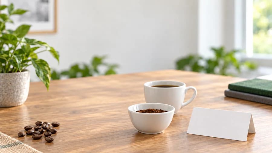 コーヒーと原料見本を並べた比較用のテーブル